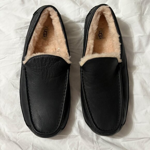 NWOT Mens UGG Ascot Leather Slippers Black Sheepskin Indoor/Outdoor Sole 14 - Picture 2 of 12